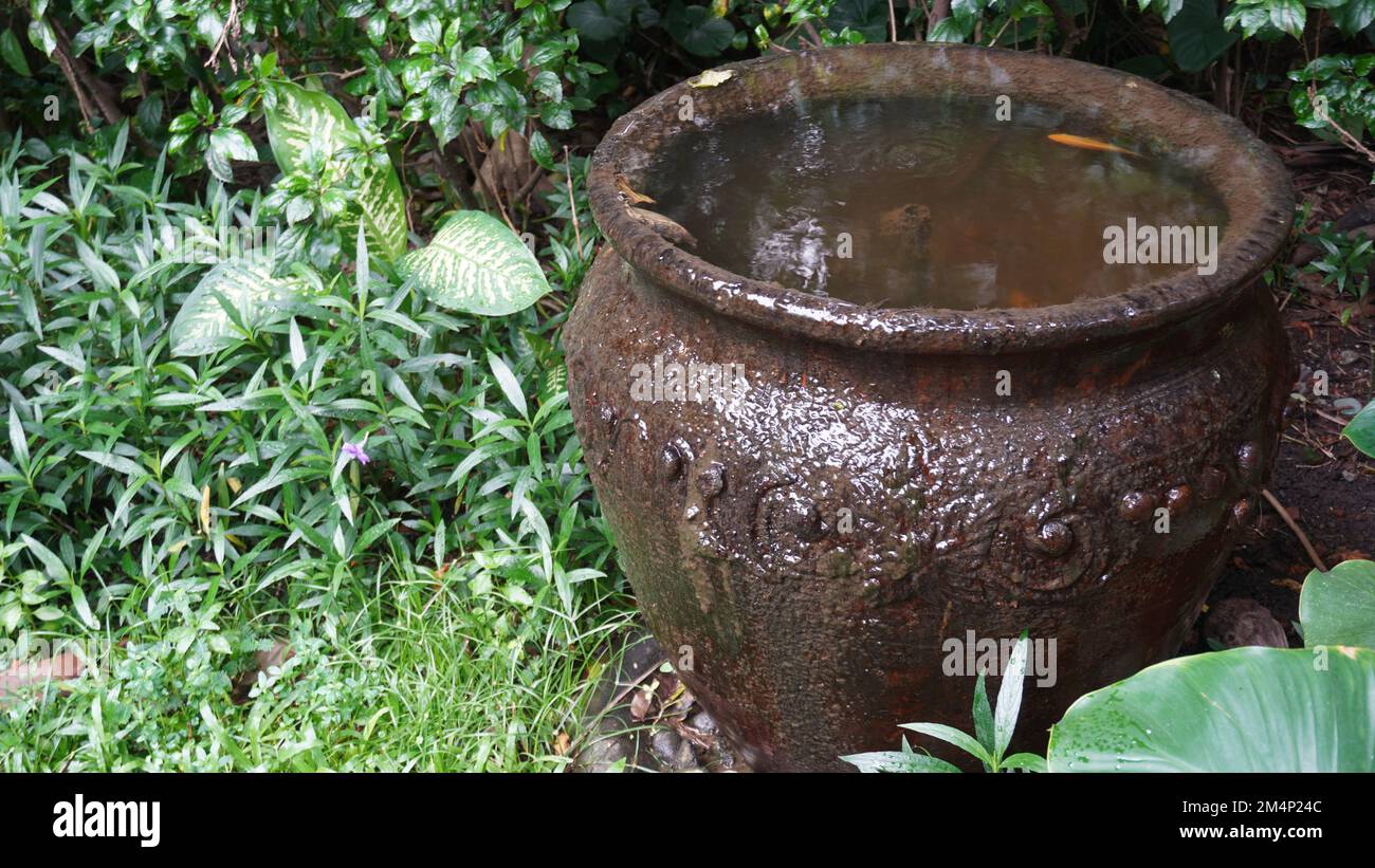 Huge clay pot for fish pond in the yard Stock Photo