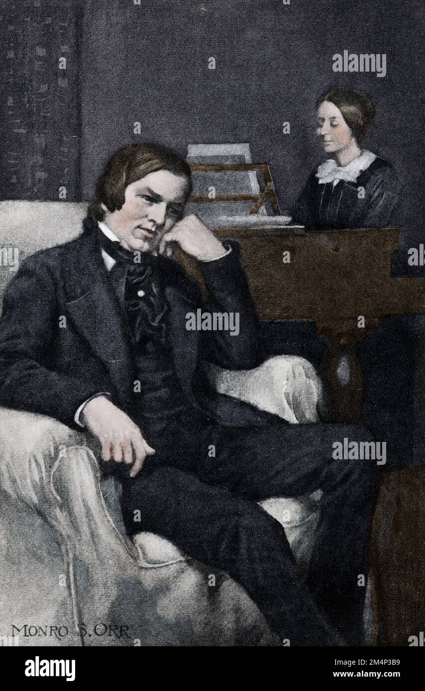This illustration shows Robert and Clara Schumann. They belonged to the Romantic movement. Robert was one of its greatest leaders. He was outstanding both as a composer and as a critic. Some of his best work was written for his wife, Clara Wieck Schumann, a talented concert pianist. Stock Photo