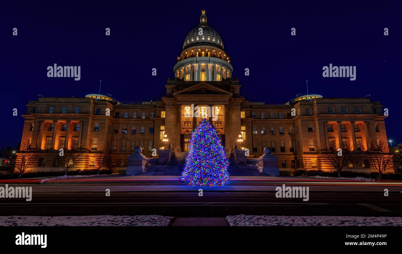 Festive Christmas tree on the State Capital of Idaho Stock Photo