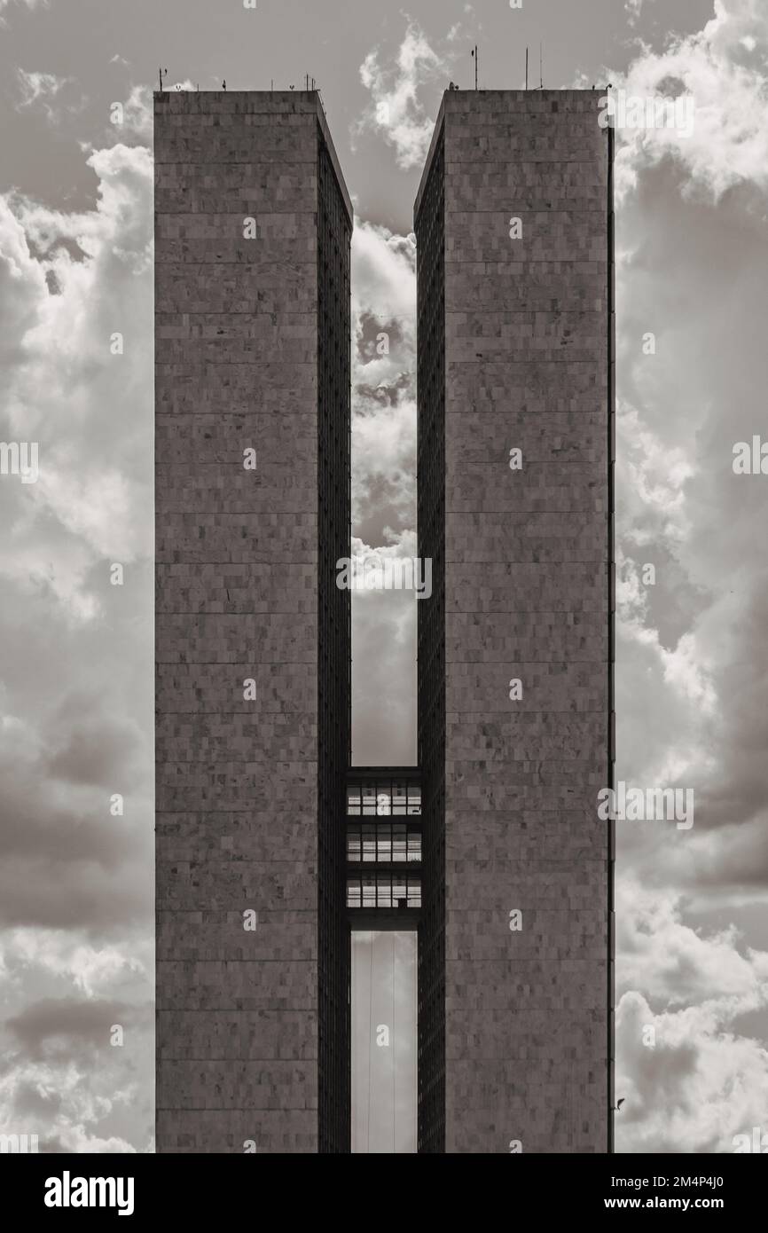 A vertical grayscale shot of the National Congress building of Brazi in ...