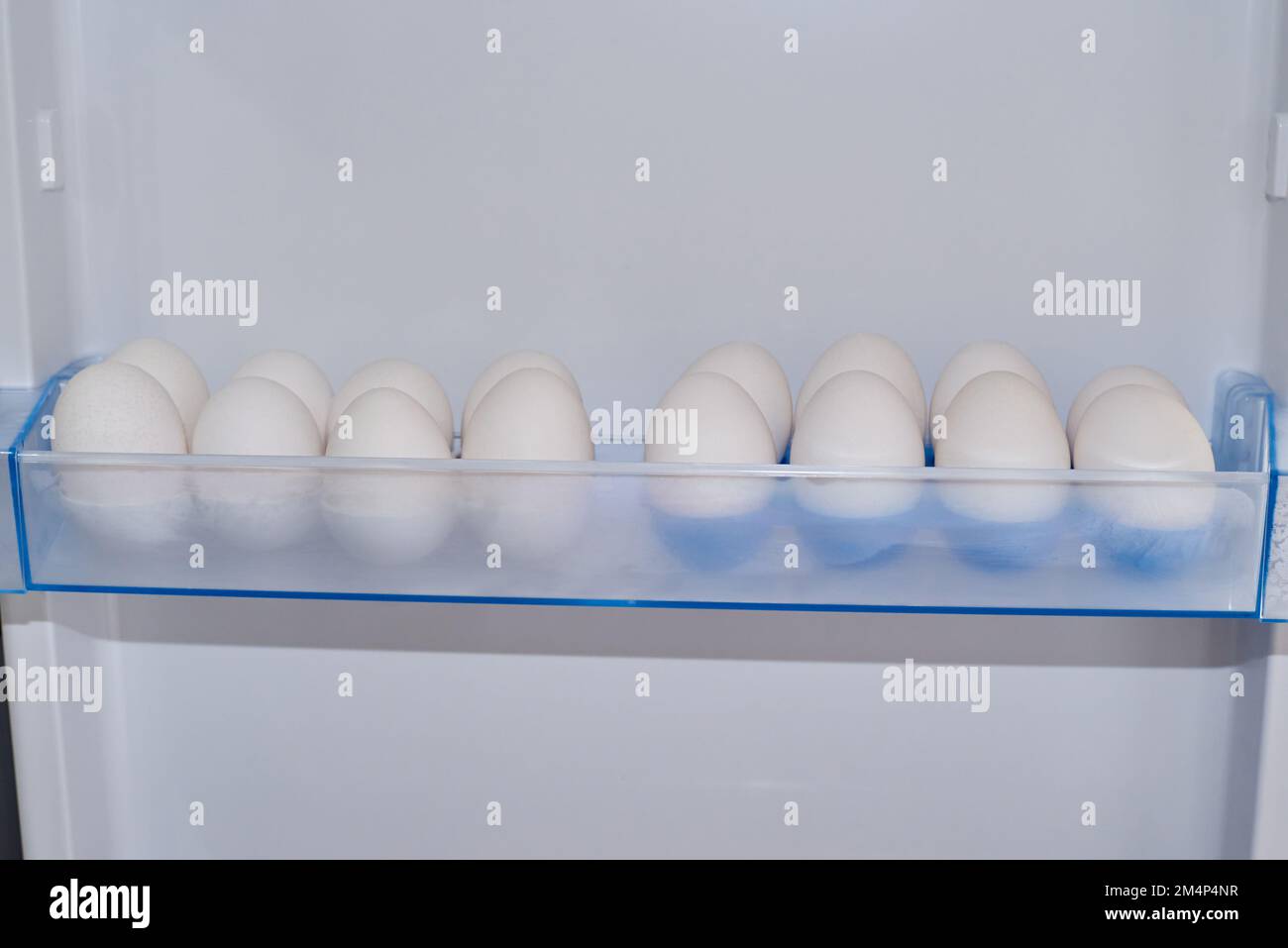 White eggs in rows in refrigerator boxes Stock Photo