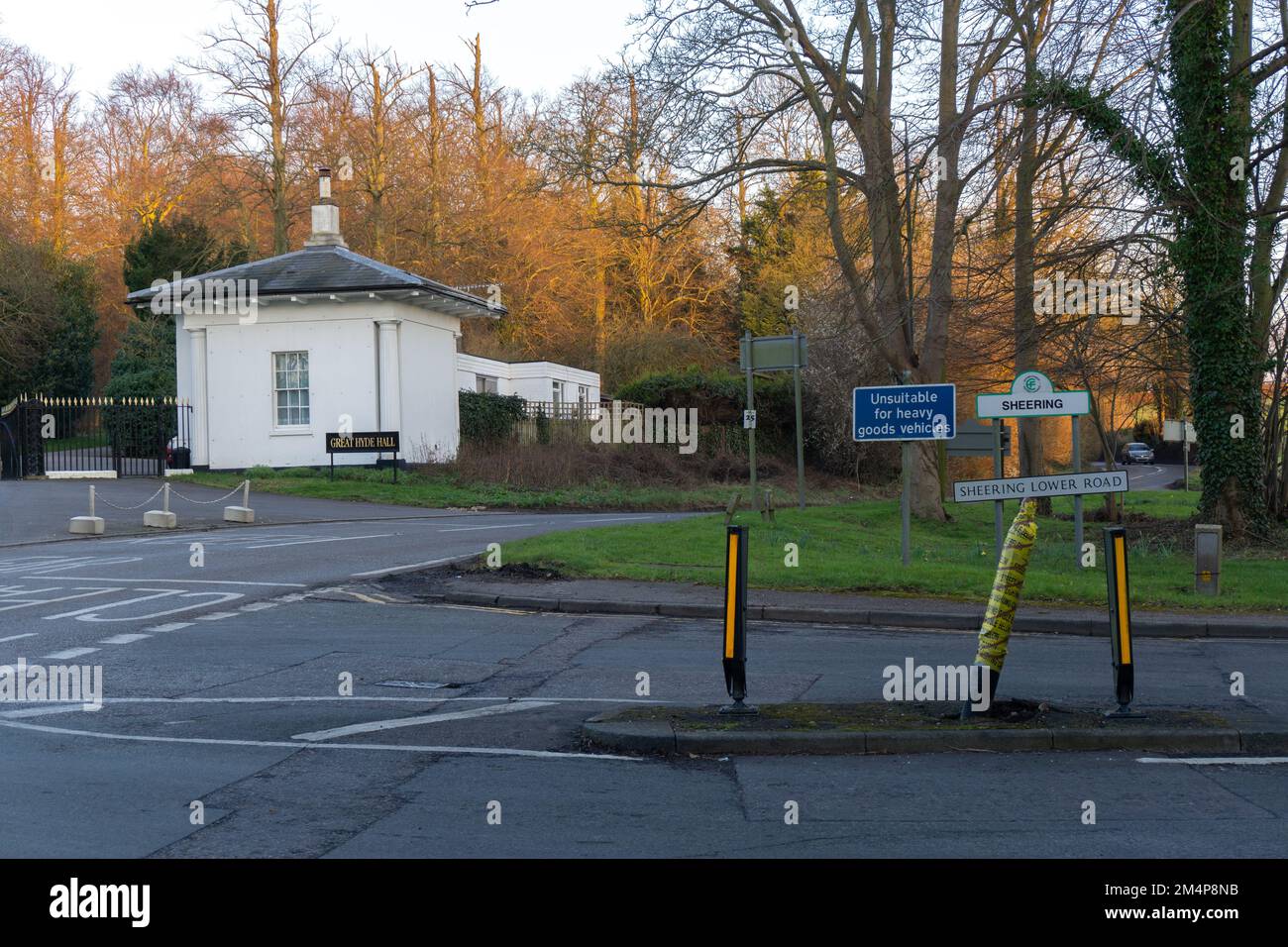 Winding country road in the winter with the entrance to the Great Hyde