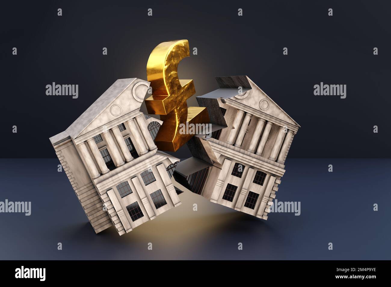 Golden British pound sign breaks an ancient bank building into halves.The concept of the impact and crisis of falling price of UK sterling. Stock Photo