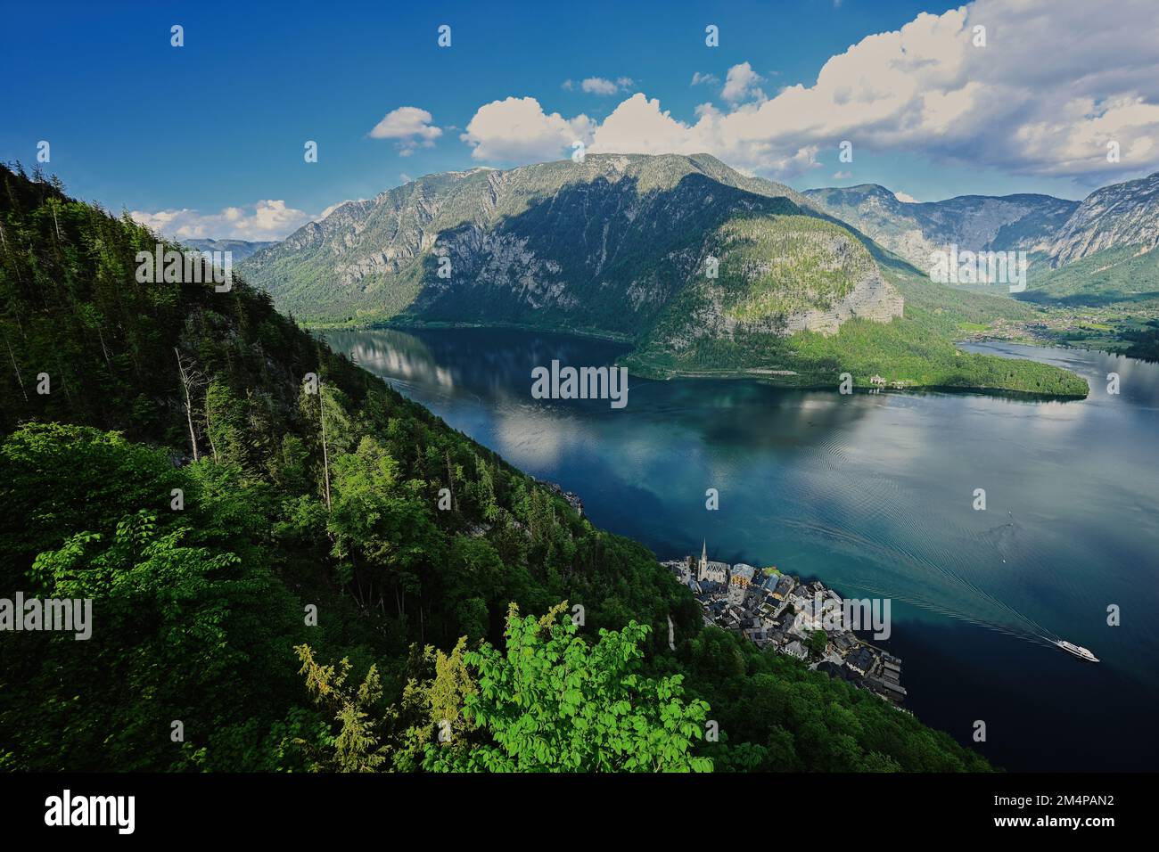 Panoramic view from above of scenic landscape over Austrian alps lake in Hallstatt, Austria. Stock Photo
