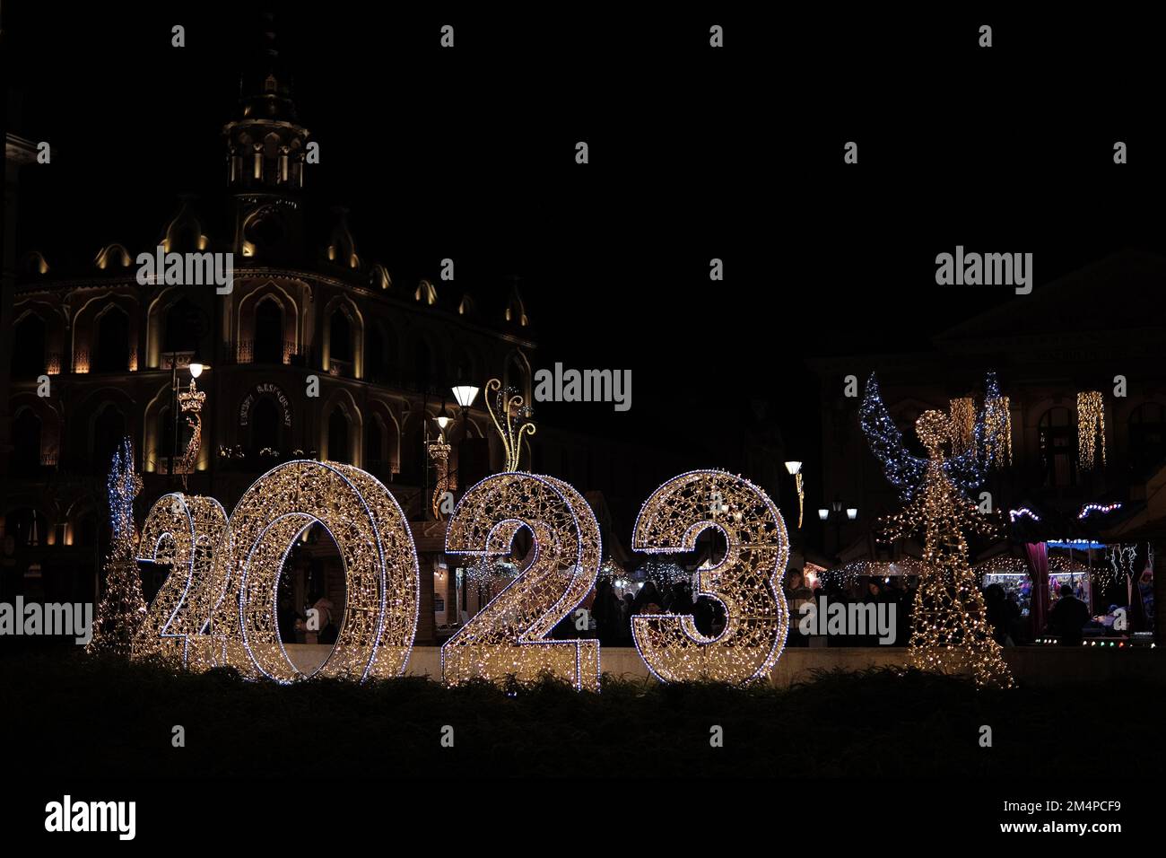 Oradea, Romania - December 2022 - New Year decorations on a night city