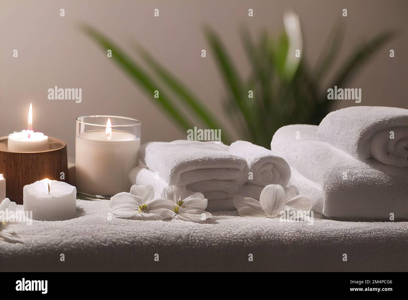 a candle and towels are on a table with flowers and candles in the background and a candle holder with a candle. . Stock Photo