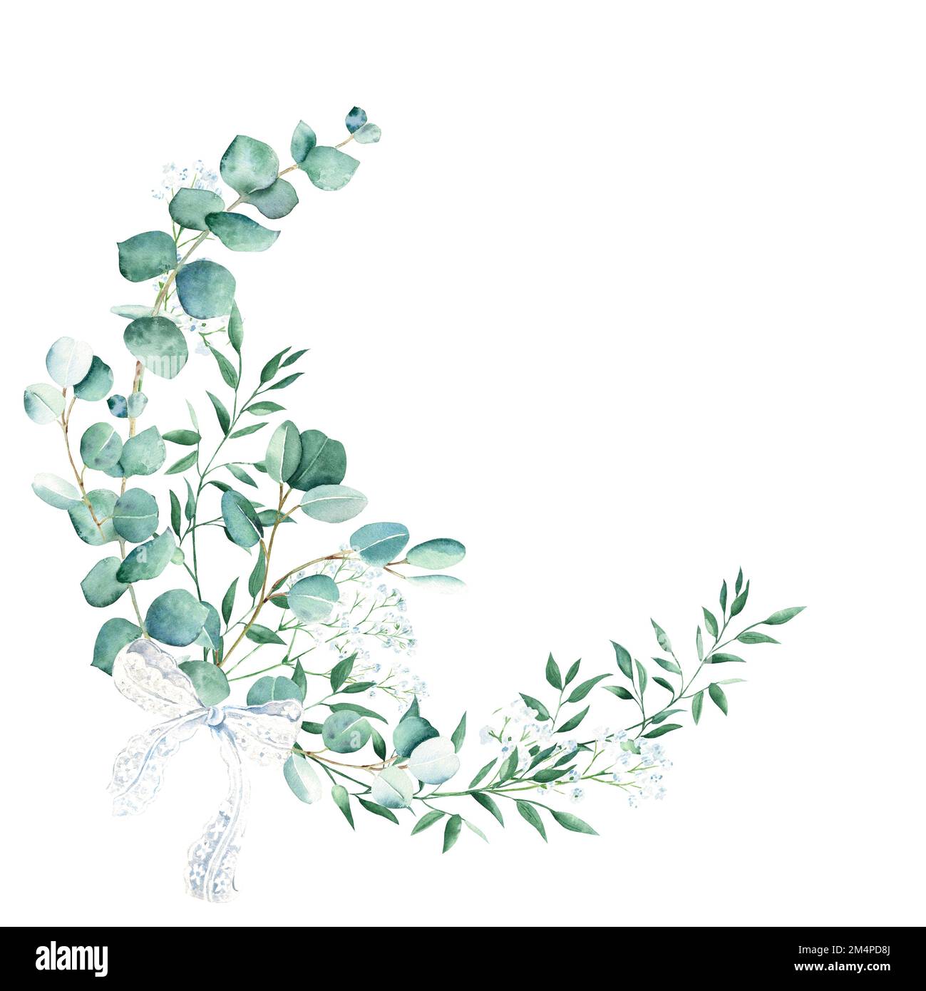 Watercolor greenery wreath, eucalyptus, gypsophila and pistachio
