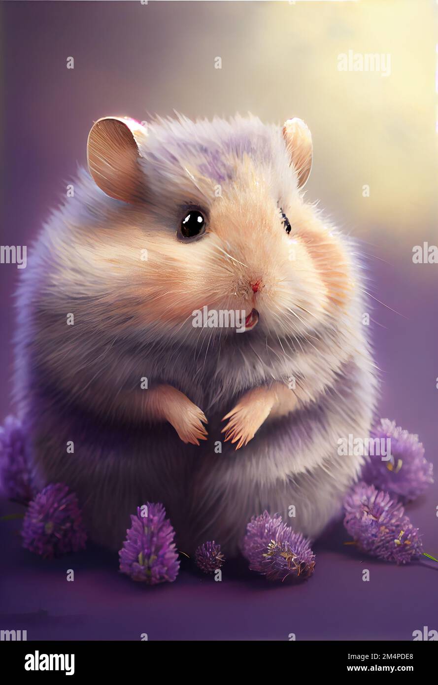 a painting of a hamster sitting on a purple surface with lavender