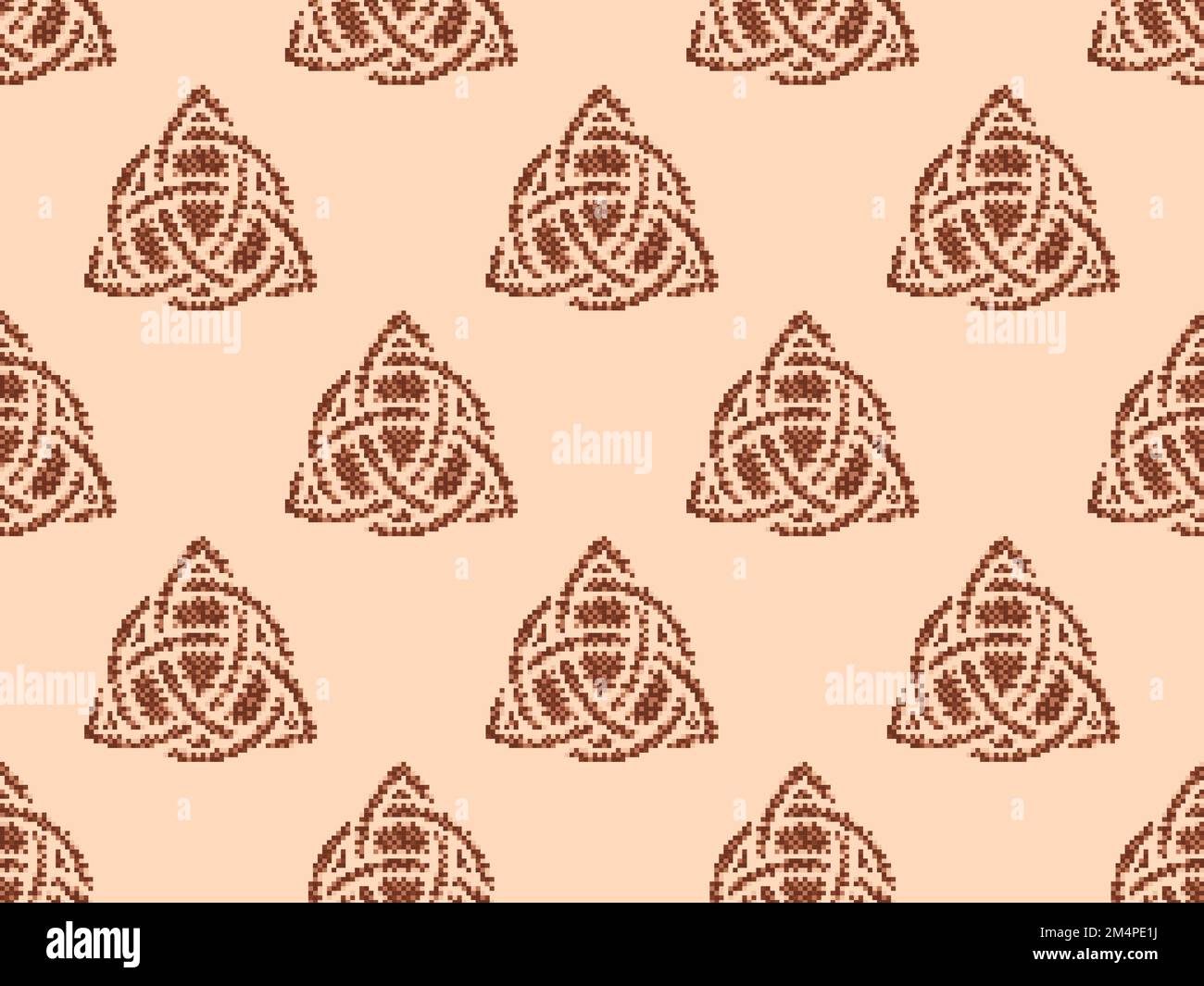 Seamless pattern with Triquetra in pixel art style. Pixelated Triquetra. Trinity knot. Style of 8-bit retro games from the 80s and 90s. Design for app Stock Vector