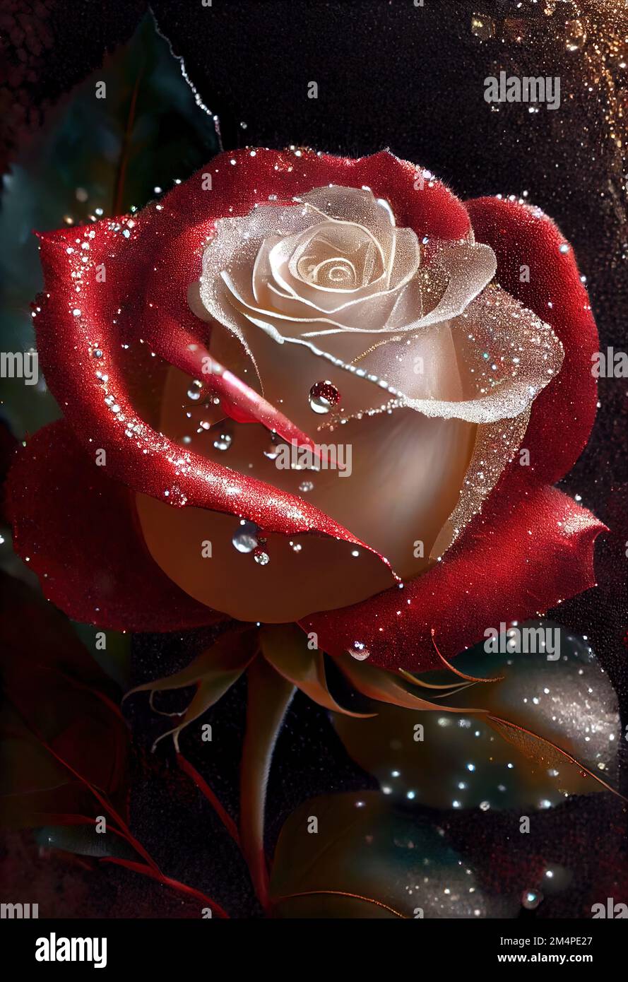 a painting of a rose with water droplets on it's petals and leaves on a  black background with a gold glittered edge Stock Photo - Alamy
