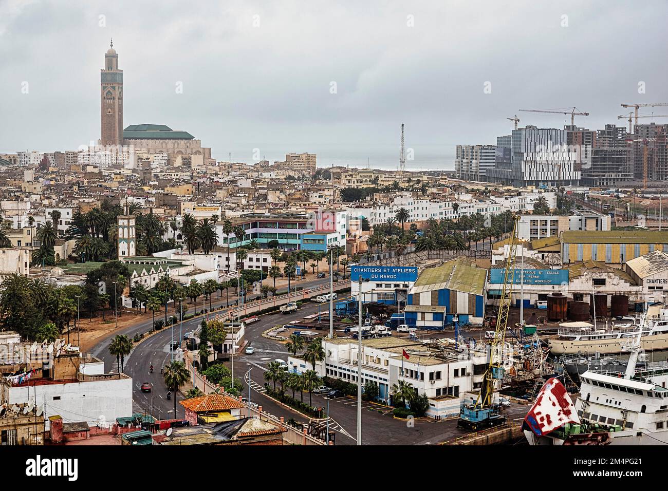 Casablanca skyline, panoramic view with the Hassan II Mosque, dreary weather, view from above, Casablanca, Morocco Stock Photo
