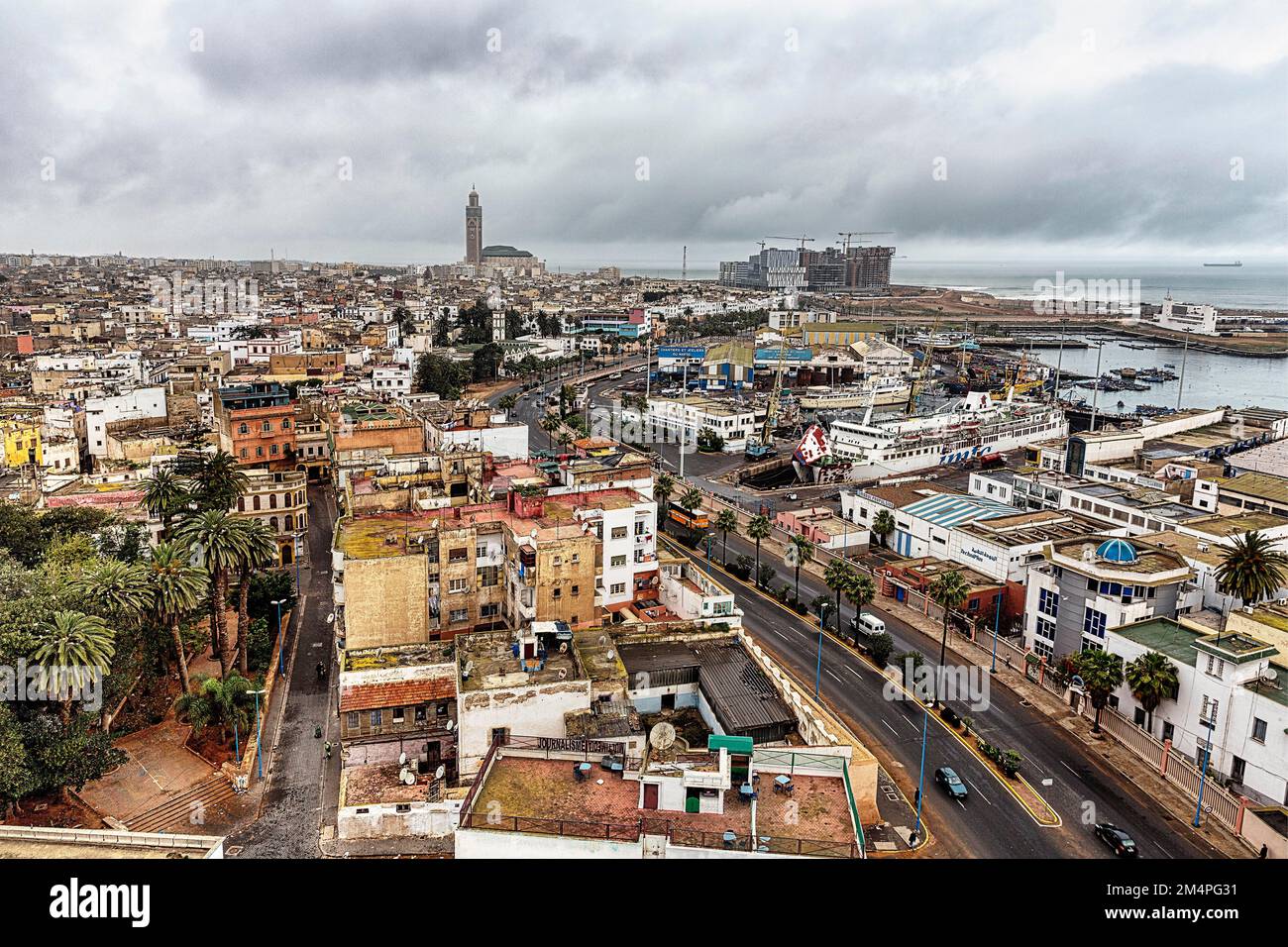Casablanca skyline, panoramic view with the Hassan II Mosque, dreary weather, view from above, Casablanca, Morocco Stock Photo