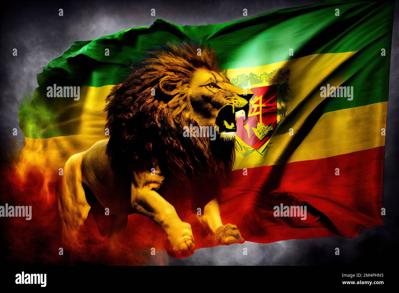 a lion with a mane is standing in front of a flag of the country of