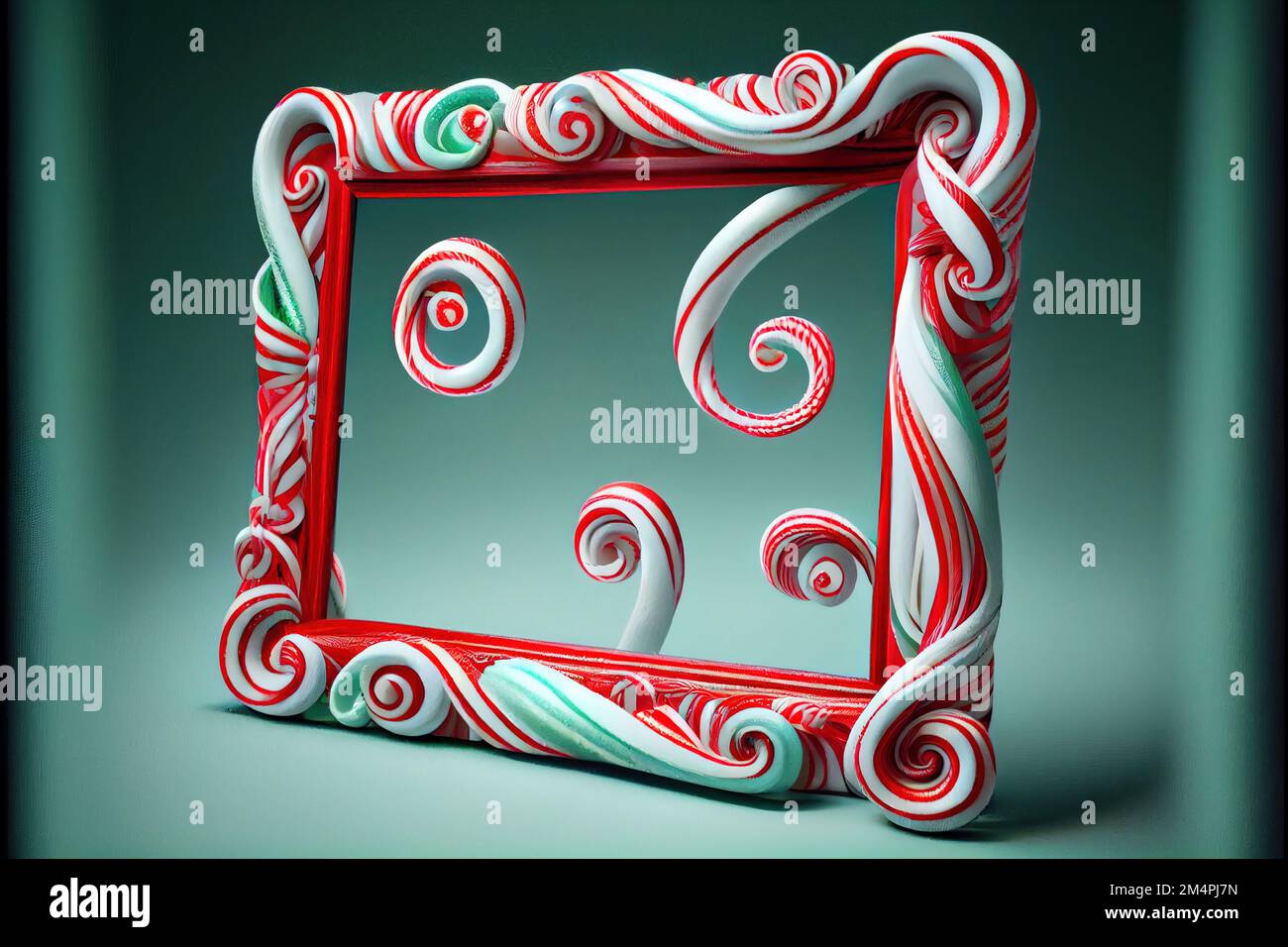 a red and white frame with a swirly design on it's side and a green background behind it. . Stock Photo