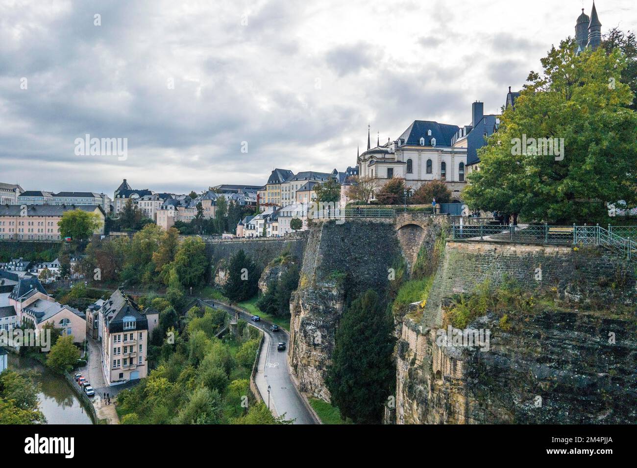 View from the Corniche promenade, the 'most beautiful balcony in Europe' to the ground and the Fortress Luxembourg with the buck casemates. Stock Photo