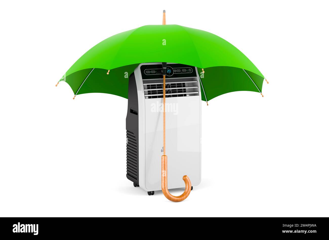 Portable conditioner under umbrella, 3D rendering isolated on white