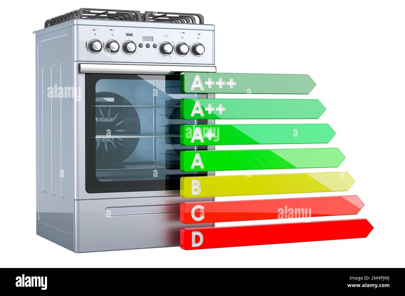 Gas range with energy efficiency chart, 3D rendering isolated on white