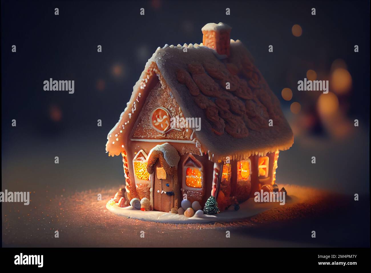a small ginger house with a lit up window and roof is shown in the snow  with a christmas tree Stock Photo - Alamy