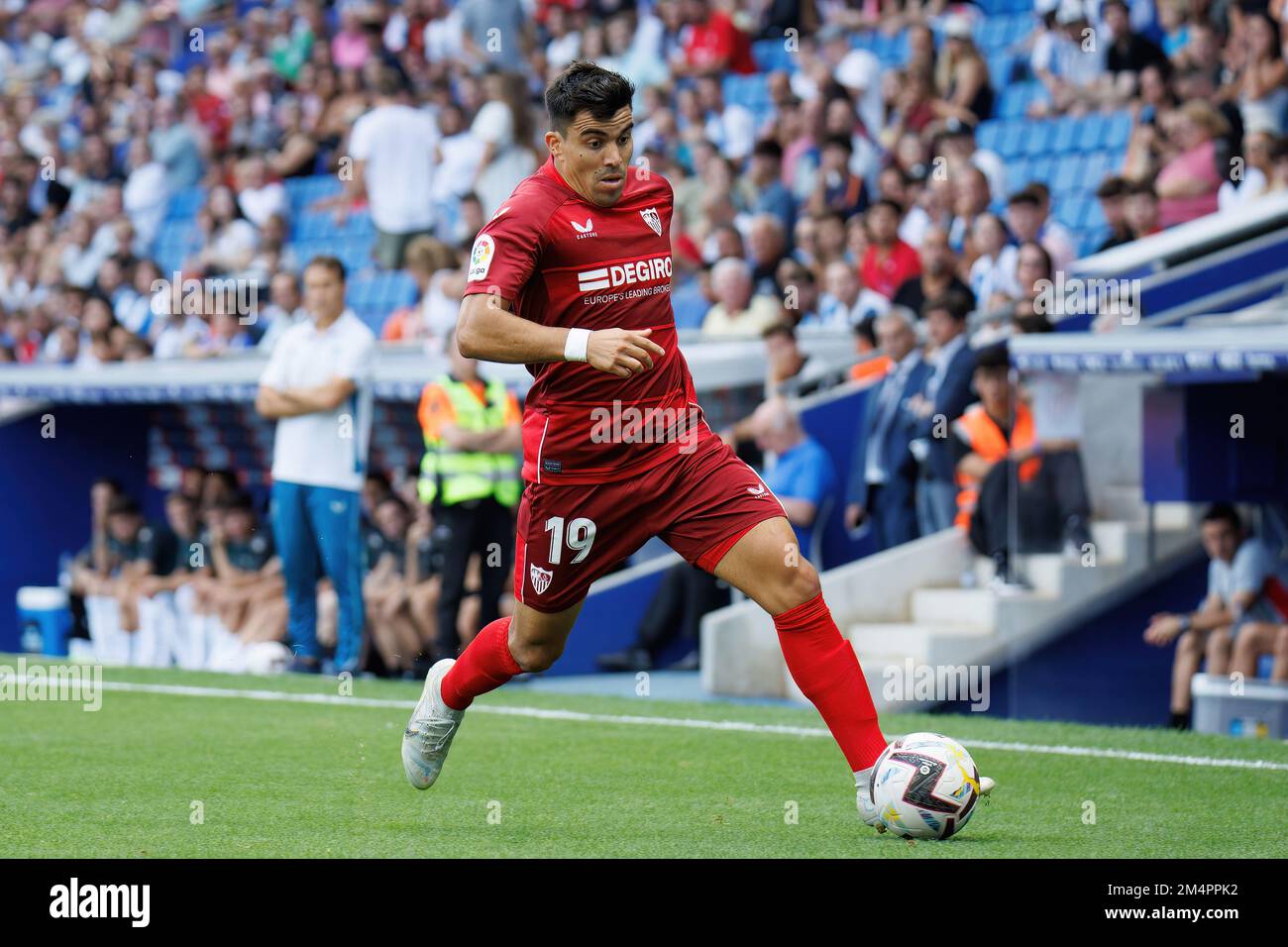 BARCELONA - SEP 10: Marcos Acuna in action at the La Liga match between RCD Espanyol and Sevilla CF at the RCDE Stadium on September 10, 2022 in Barce Stock Photo