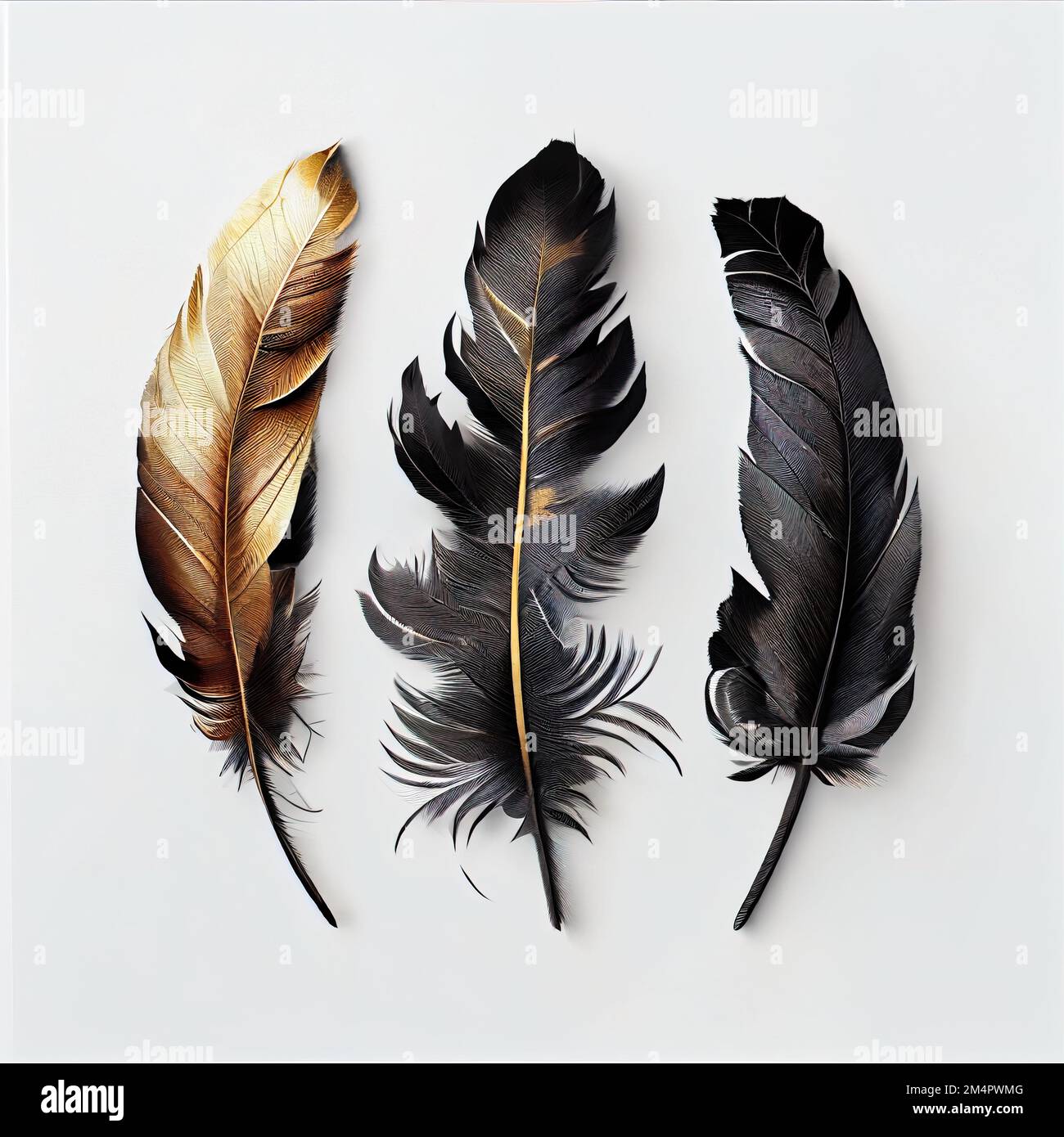 three different types of feathers on a white background with a white