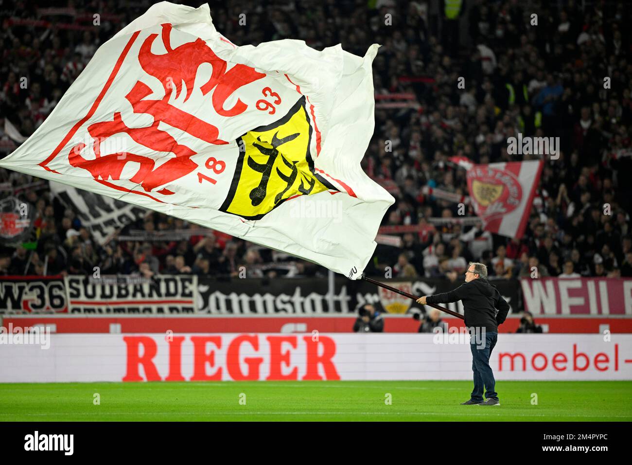 Flag waving, flag flag, logo, Mercedes-Benz Arena, Stuttgart, Baden-Wuerttemberg, Germany Stock Photo