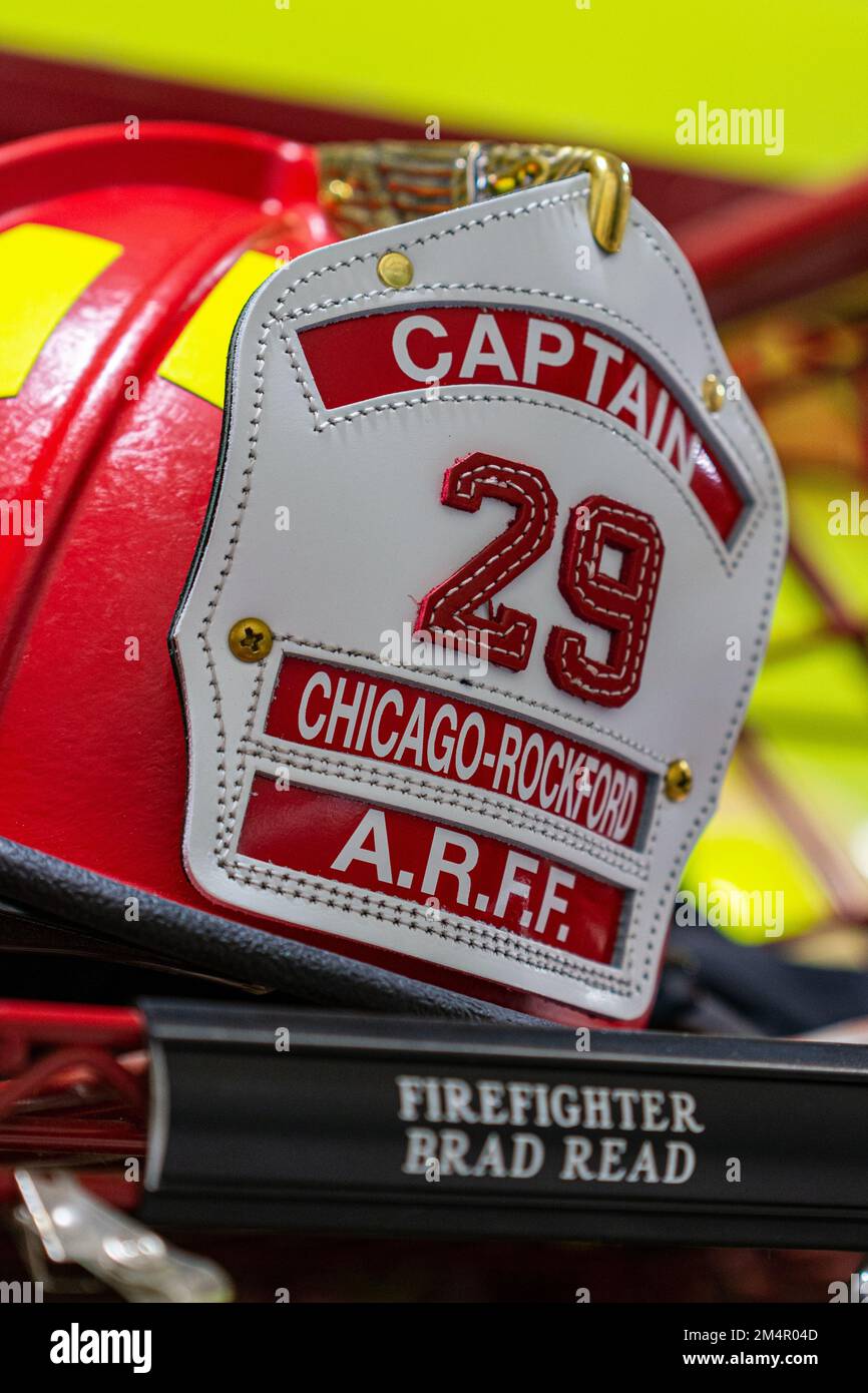 Rockford, IL USA - December 21, 2022: Captain fire fighter's helmet at the Rockford International Airport Fire Department. Stock Photo