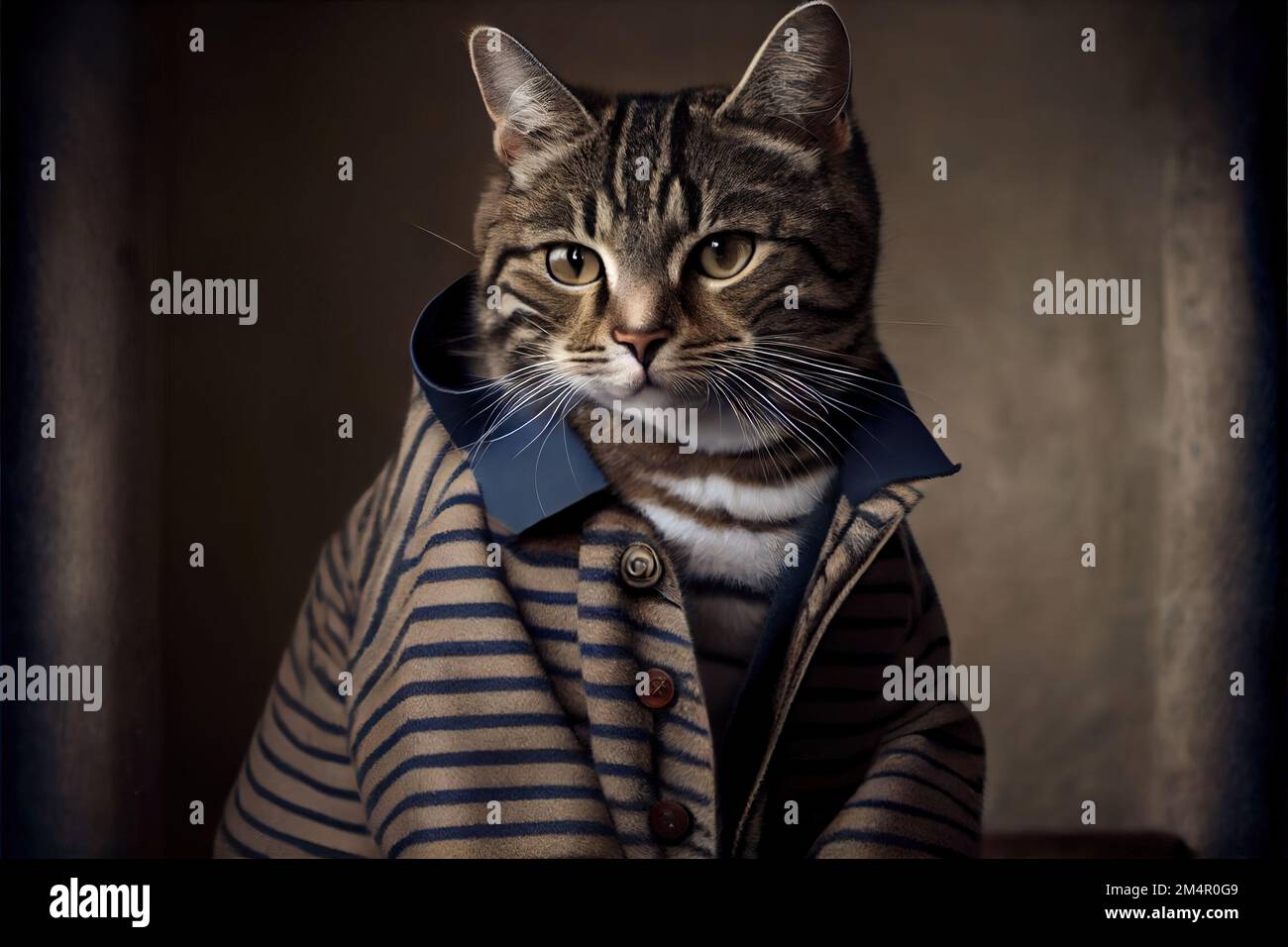 a cat wearing a coat and a collar with a striped shirt on it's