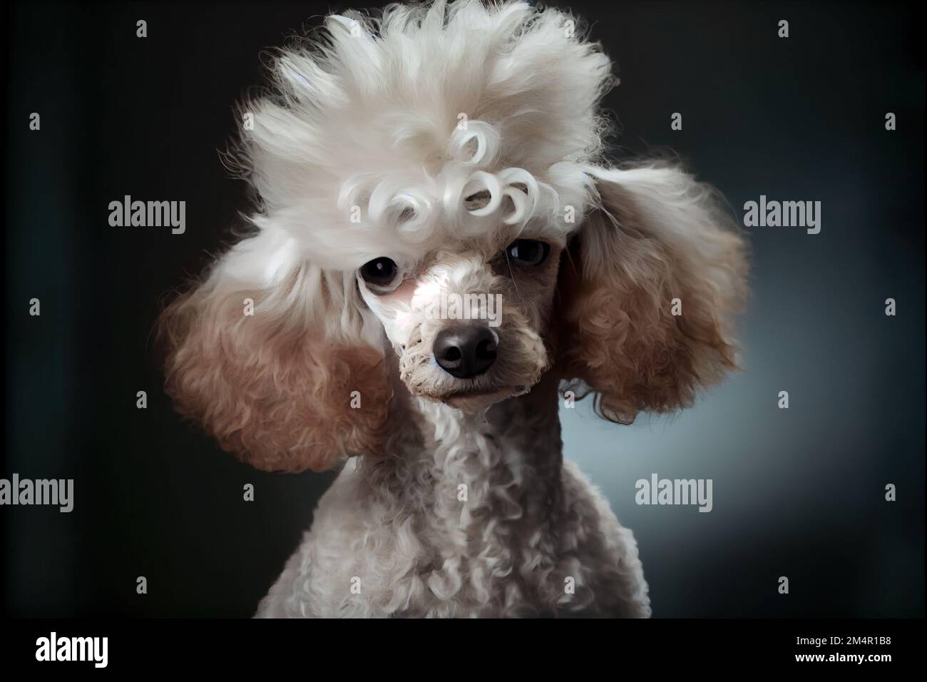 a poodle with a white wig on its head and a black background is shown