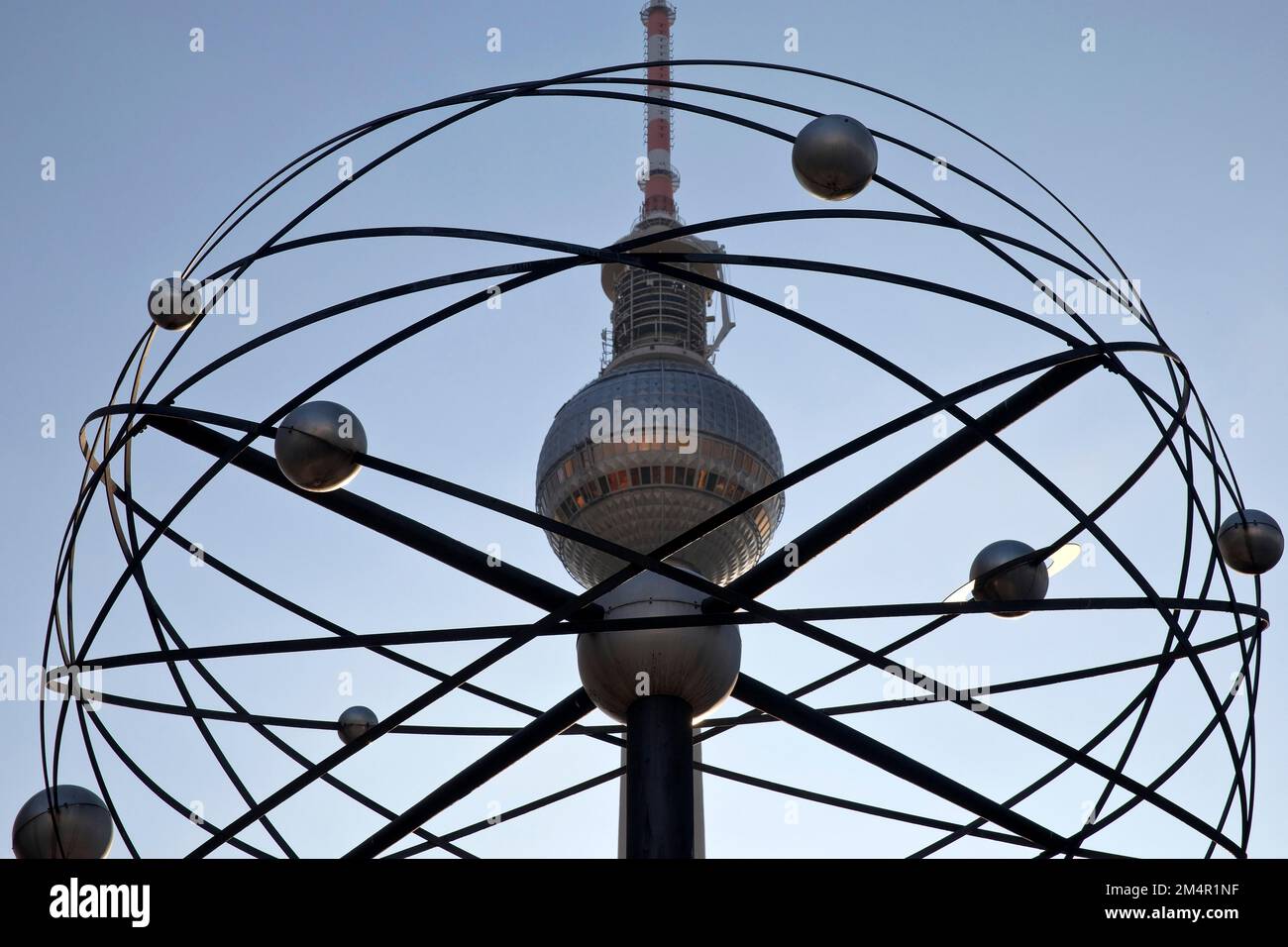 Planetary model of the Urania world time clock with television tower, Alexanderplatz, Berlin Mitte, Berlin, Germany Stock Photo