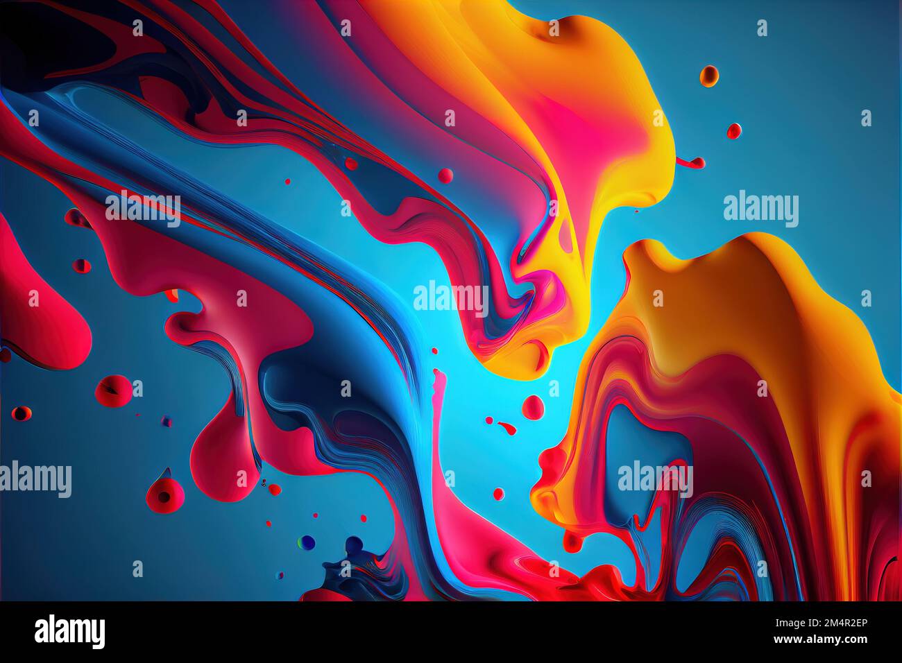a colorful liquid painting with a blue background and a red and yellow liquid pouring out of it