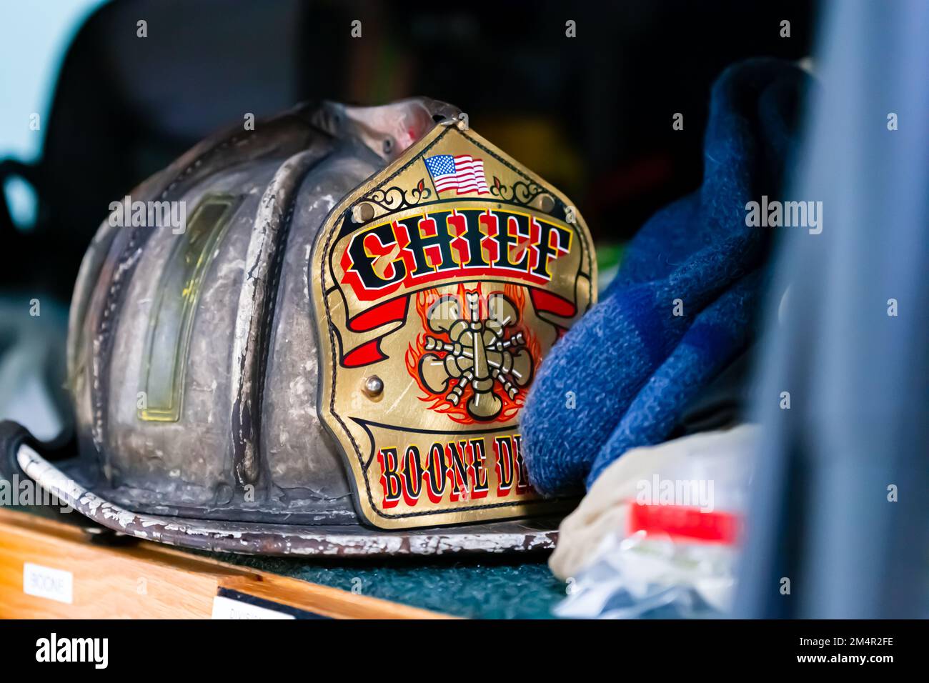 Rockford, IL USA - December 21, 2022: Chief fire fighter's helmet at the Rockford International Airport Fire Department. Stock Photo