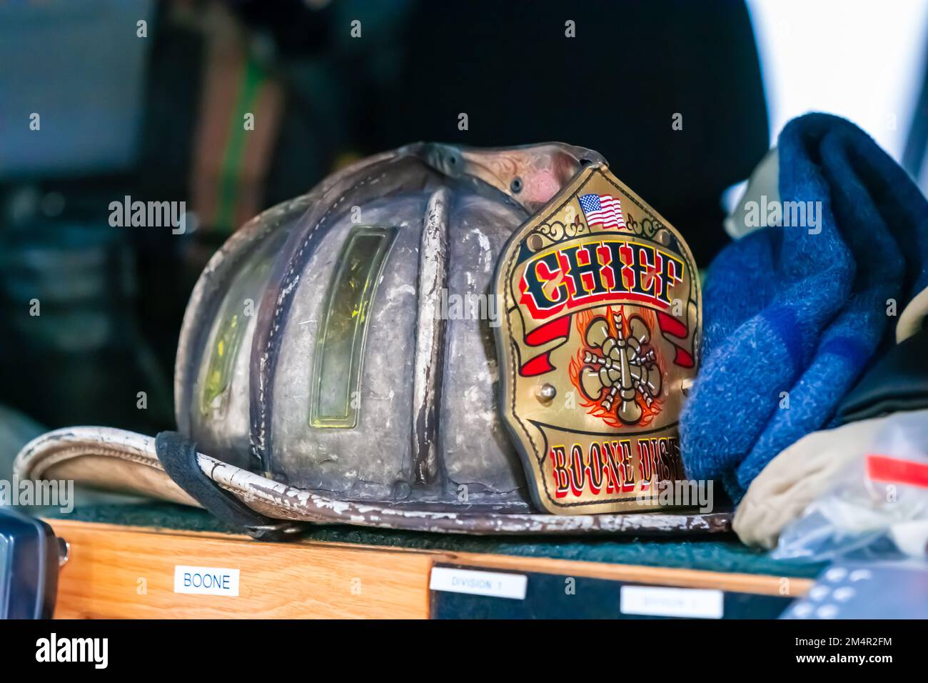 Rockford, IL USA - December 21, 2022: Chief fire fighter's helmet at the Rockford International Airport Fire Department. Stock Photo