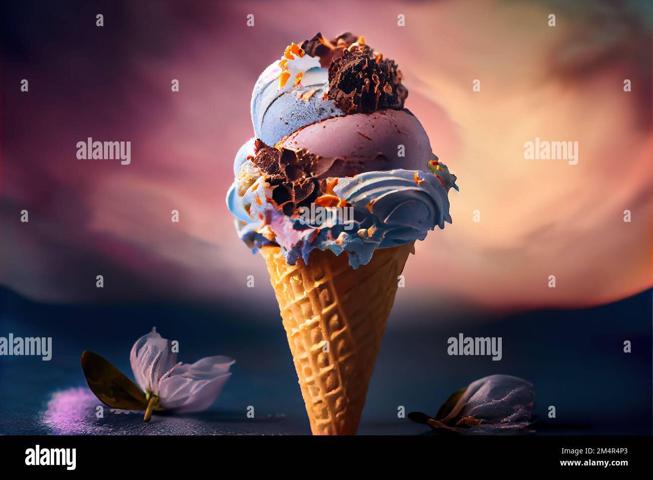 a ice cream cone with a scoop of ice cream on top of it with flowers around it and a sky background. . Stock Photo