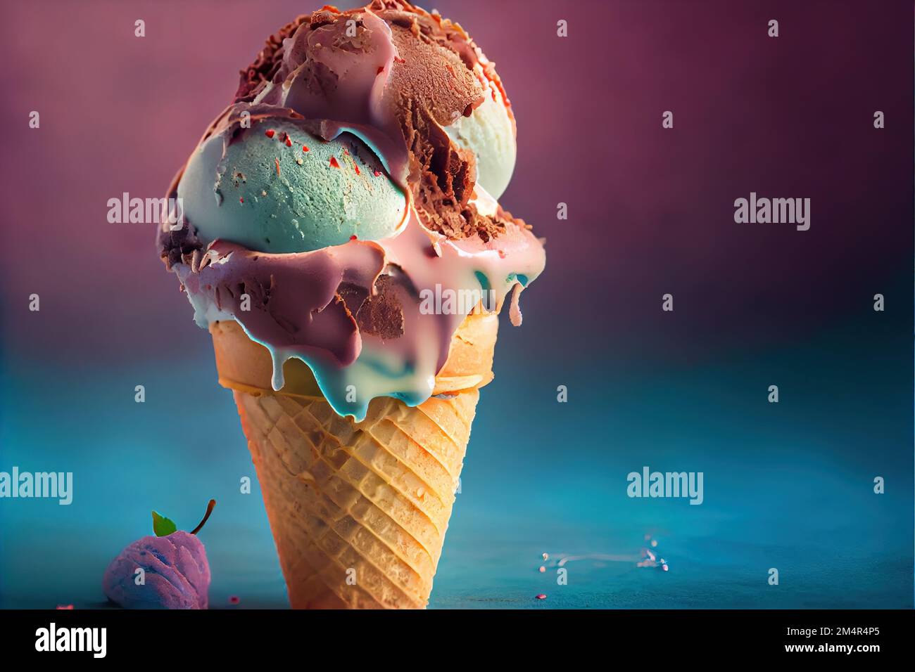 a scoop of ice cream with chocolate and mint on top of it and a cherry on the side of the ice cream cone. . Stock Photo