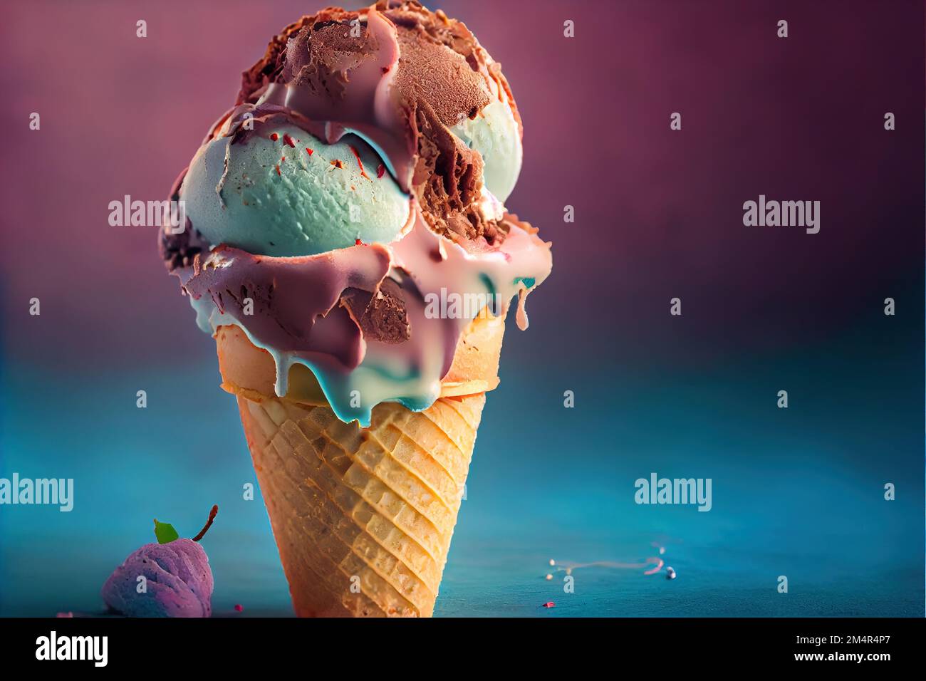a scoop of ice cream with chocolate and mint on top of it and a strawberry on the side of the ice cream cone. . Stock Photo