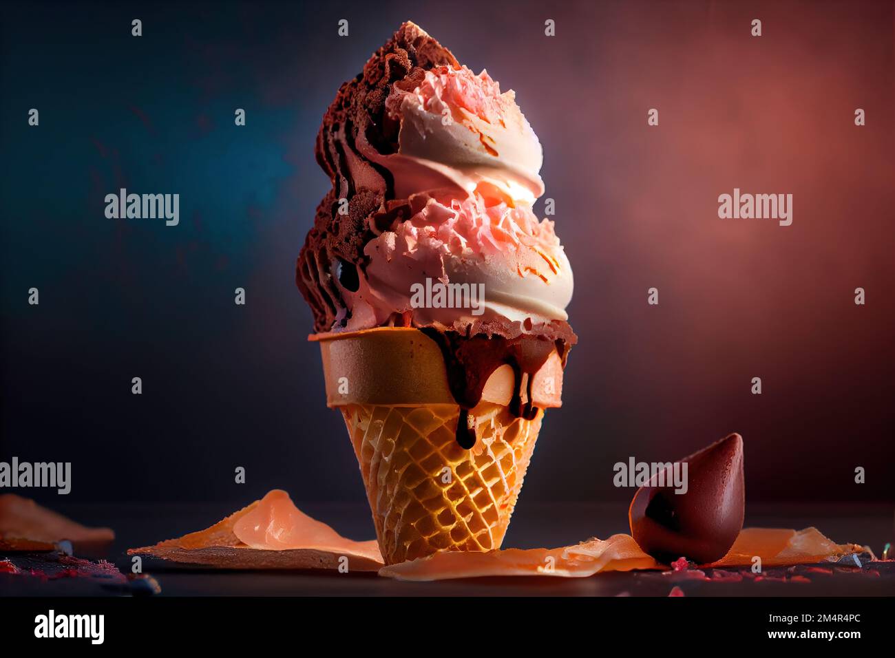 a scoop of ice cream with chocolate and strawberry on top of it and a spoon next to it on a table. . Stock Photo