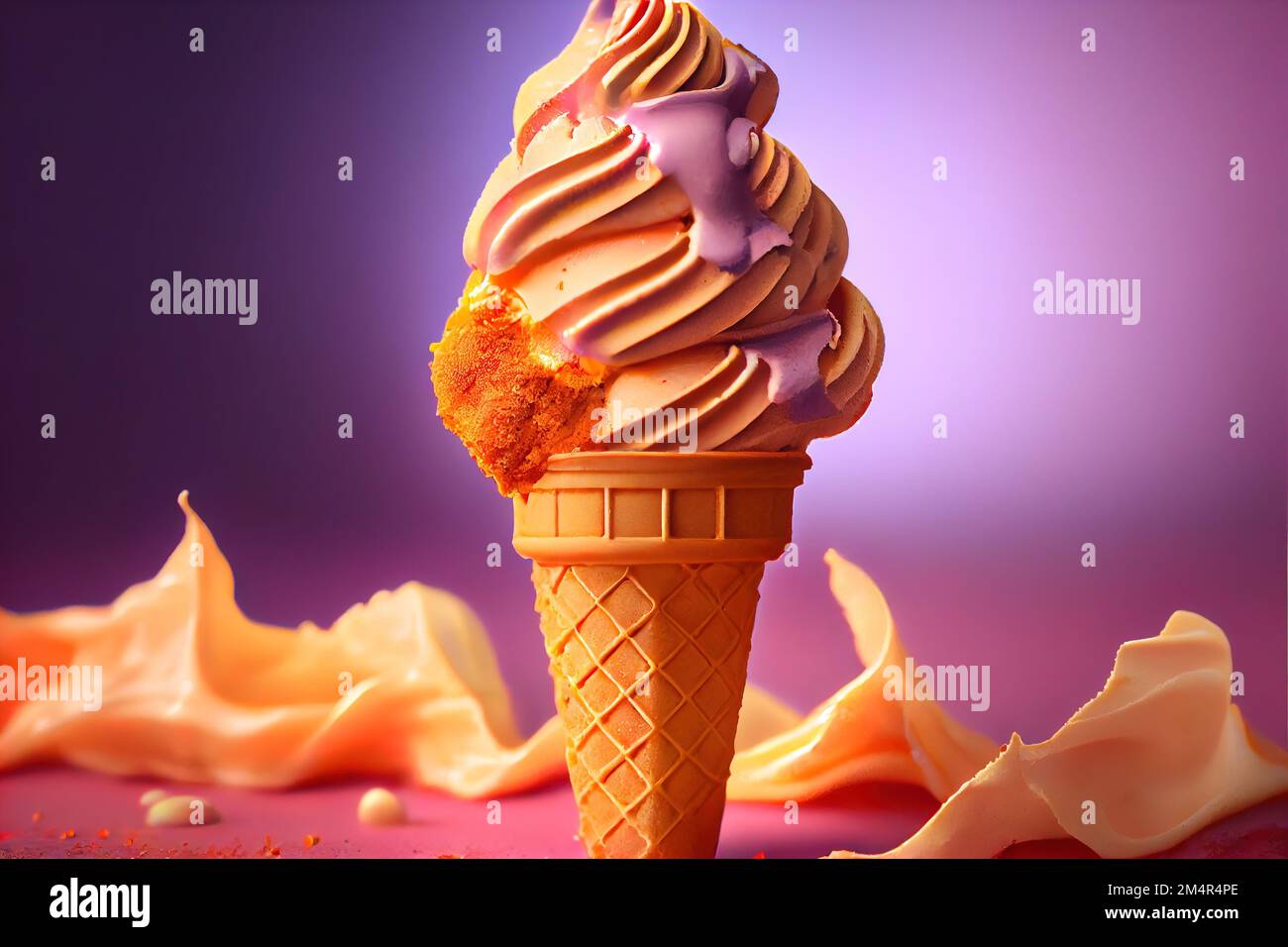 a scoop of ice cream with a pink swirl on top of it and a purple background with white swirls. . Stock Photo
