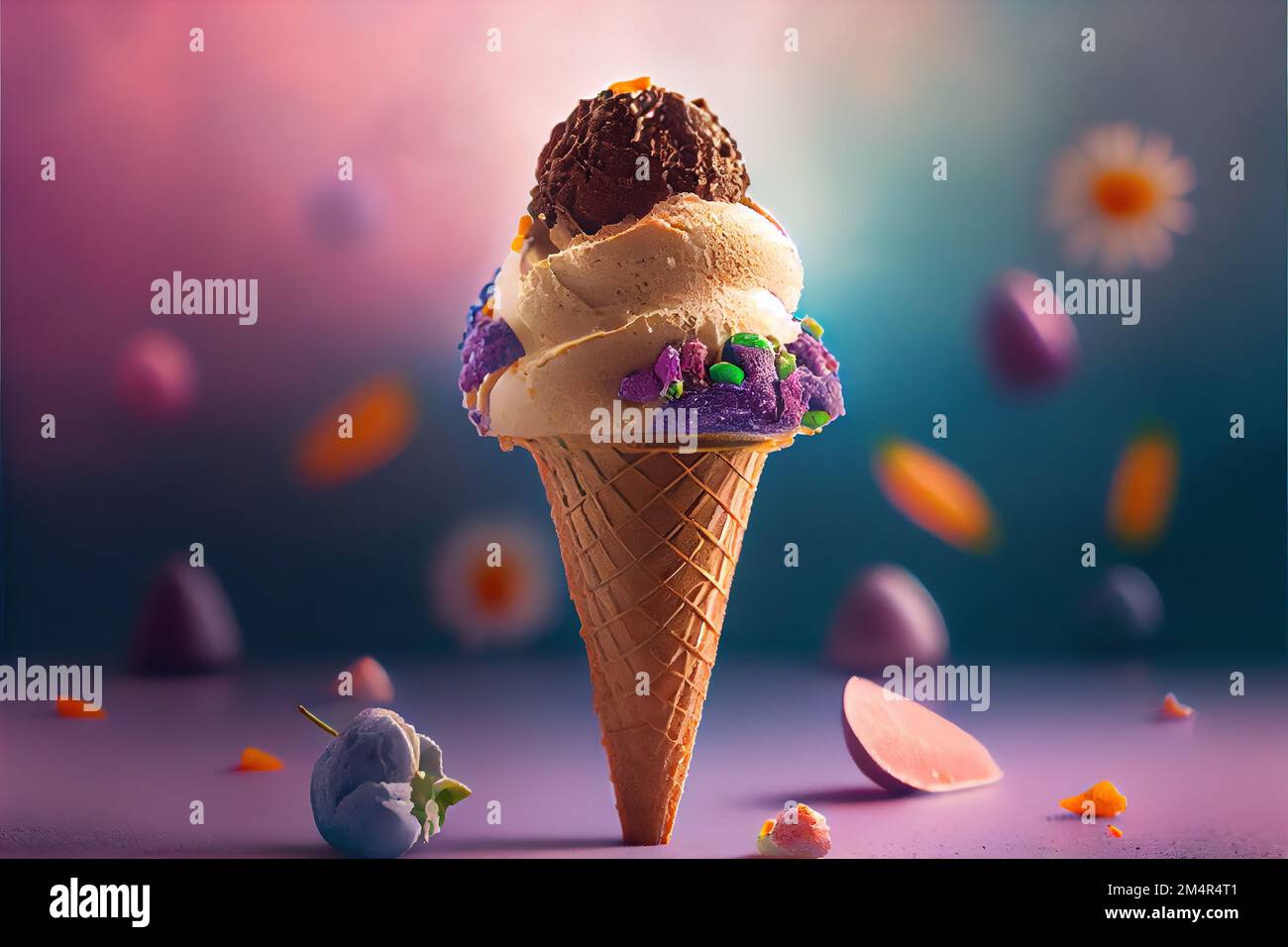 a ice cream cone with a chocolate ice cream cone on top of it and candy candies around it. . Stock Photo
