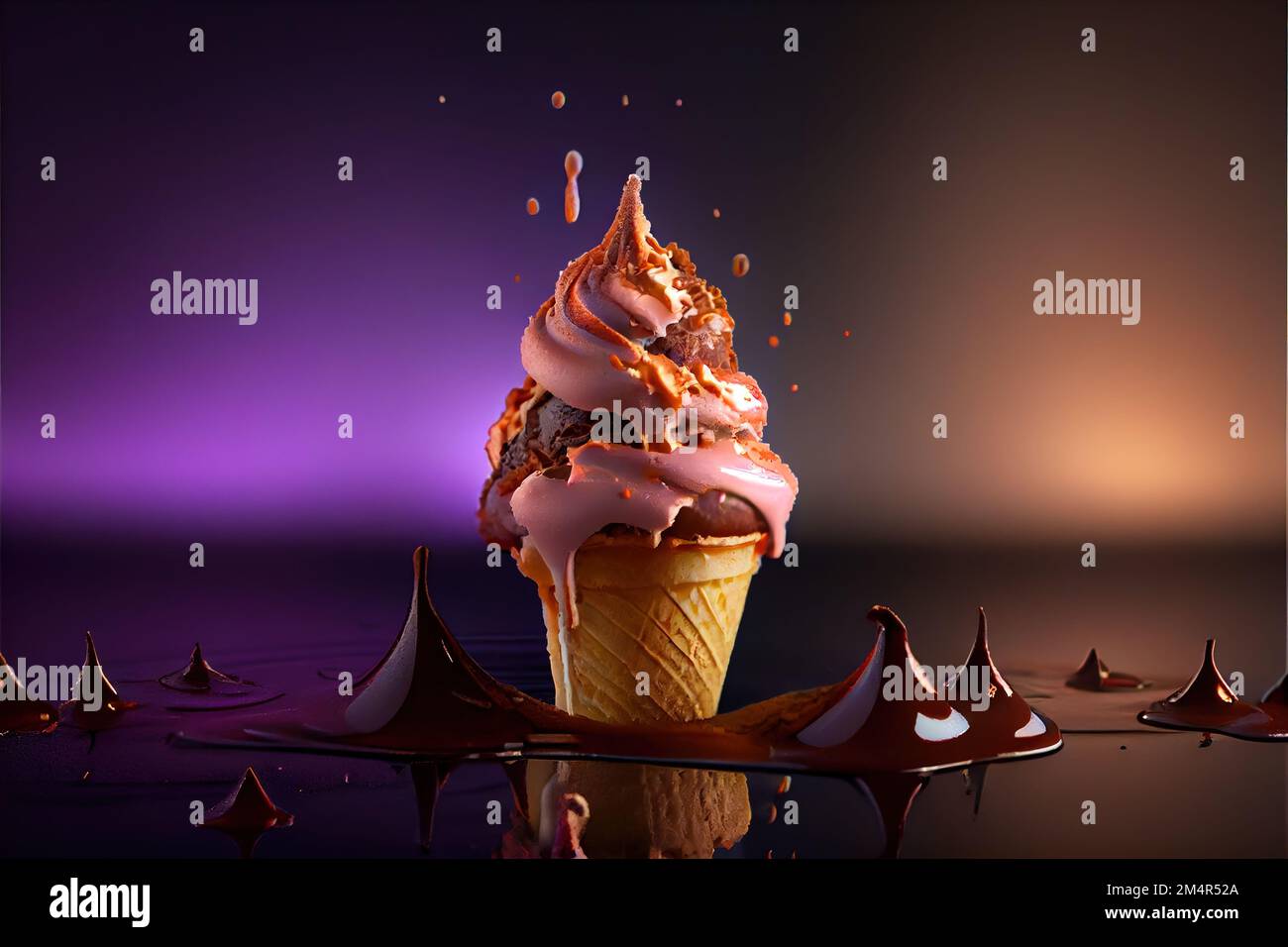 a chocolate ice cream cone with chocolate sauce on it and a purple background with drops of chocolate on the ice. . Stock Photo