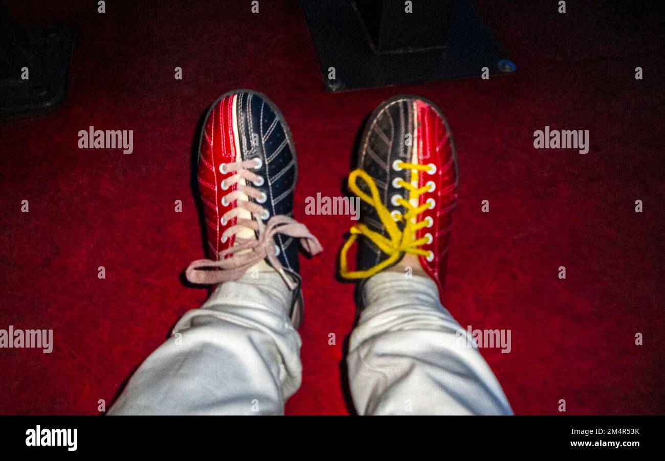 Red and shop blue bowling shoes