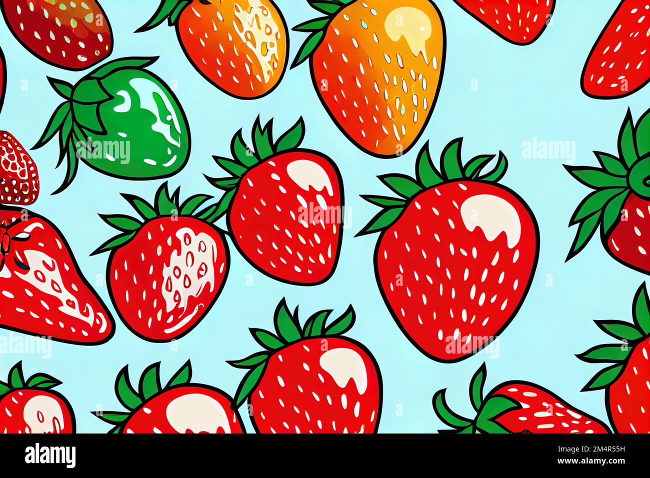a painting of strawberries and oranges on a blue background with green ...