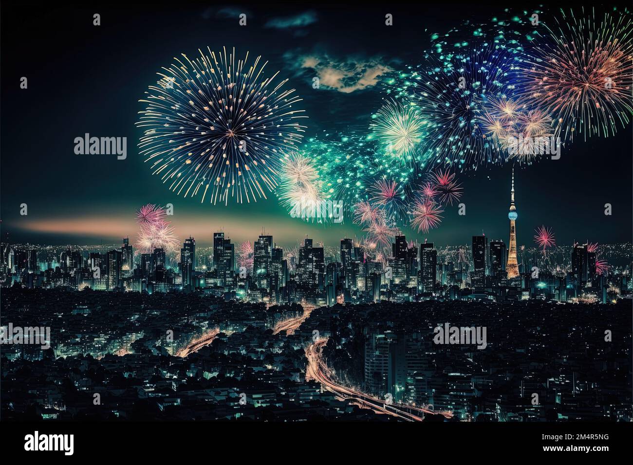 colorful abstract midjourney illustration of Tokyo on New Year´s eve