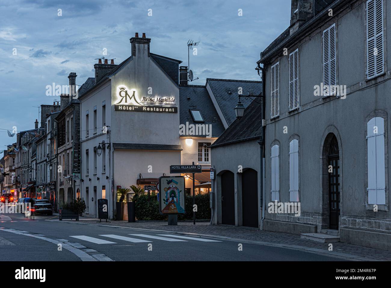 Reine Mathilde Hotel and Restaurant photographed at twilight Stock