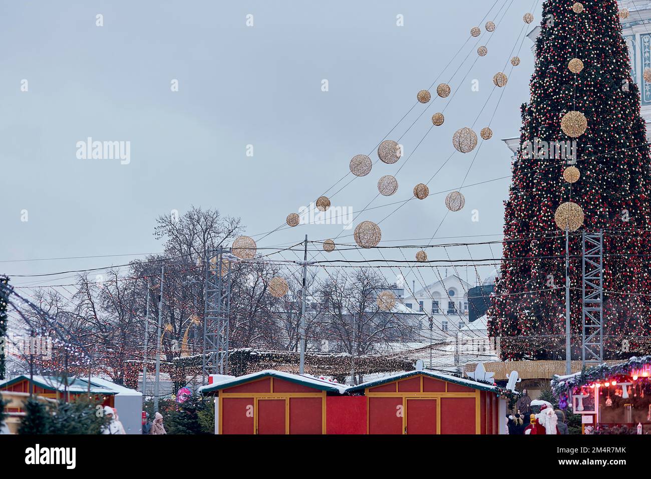Kyiv, Ukraine January, 2022 Christmas outside fair with festive