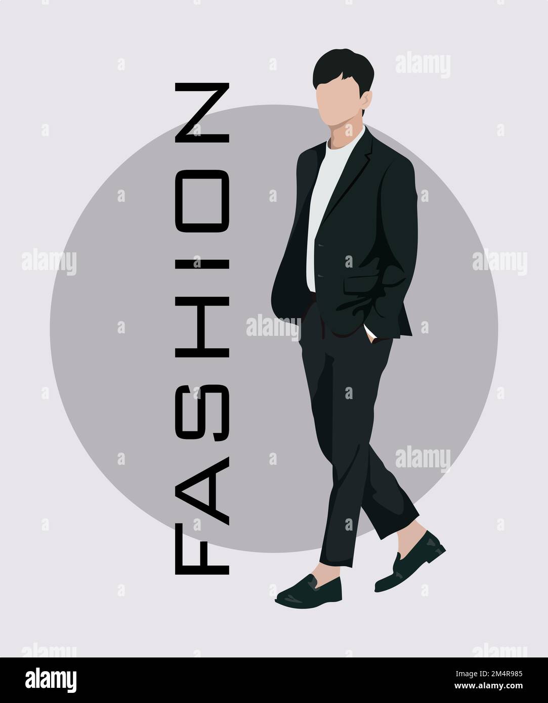 Stylish man. Stylish guy on an interesting gray background with the inscription fashion. Cartoon male characters. Men in fashion clothes. Flat style Stock Vector