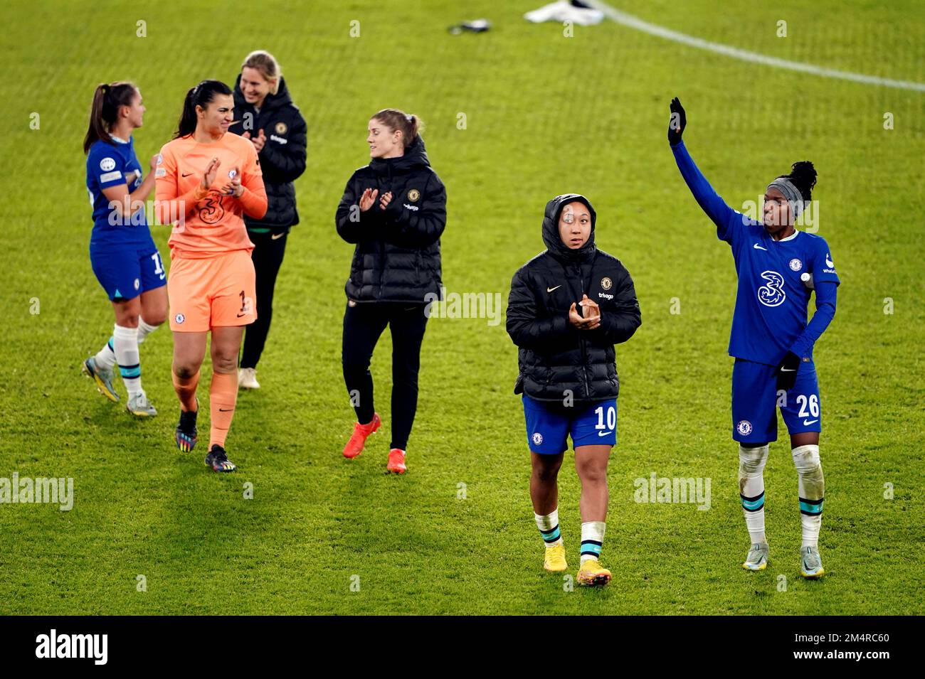 Chelsea's Lauren James applauds the fans at the end of the UEFA Women's Champions League Group A match at Stamford Bridge, London. Picture date: Thursday December 22, 2022. Stock Photo