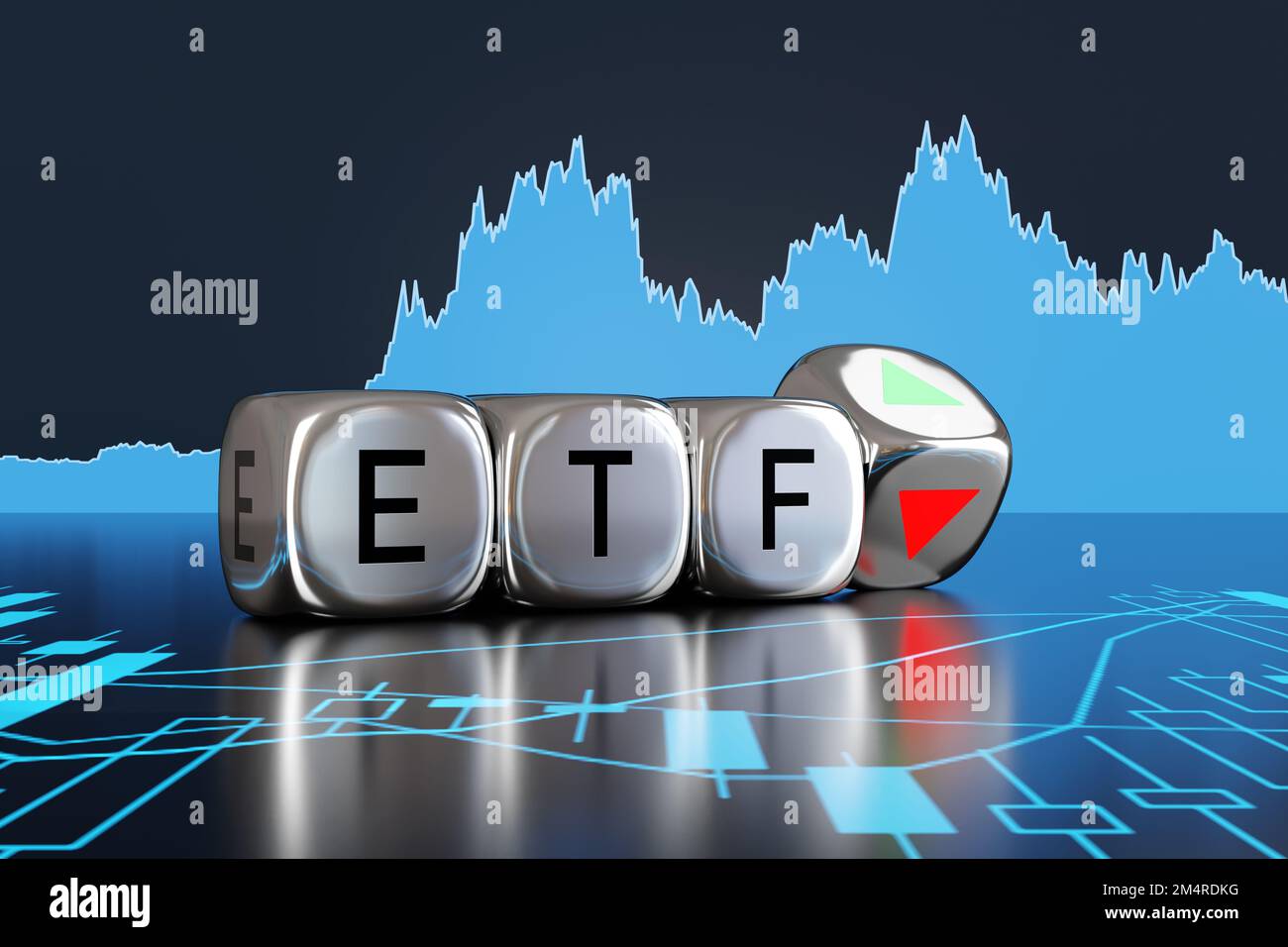Silver metallic dice showing the alphabets ETF and an up and down arrow on backgrounds of stock charts. Investment of exchange-traded funds Stock Photo