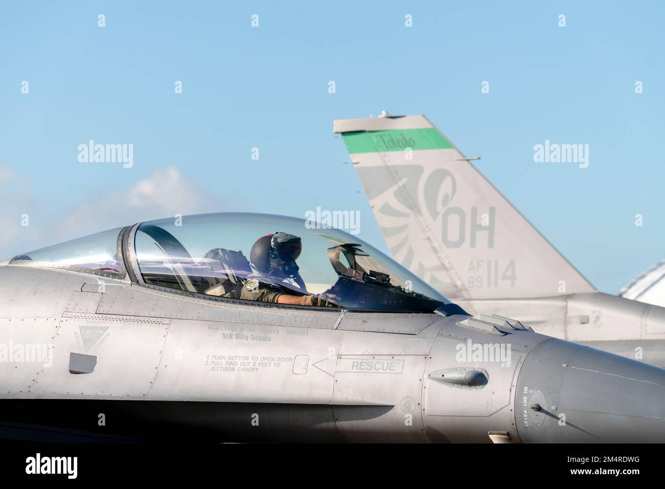 An F-16 Fighter Pilot, assigned to the Ohio National Guard’s 180th Fighter Wing, prepares to taxi in an F-16 Fighting Falcon for a training flight at Naval Air Station Key West, Fla., Oct. 31, 2022. The 180FW deployed to NAS Key West to train with VFC-111, the Navy's premier adversary squadron, providing realistic training scenarios that ensure the 180FW is prepared for homeland defense and contingency operations around the globe.  (U.S. Air National Guard photo by Staff Sgt. Kregg York) Stock Photo