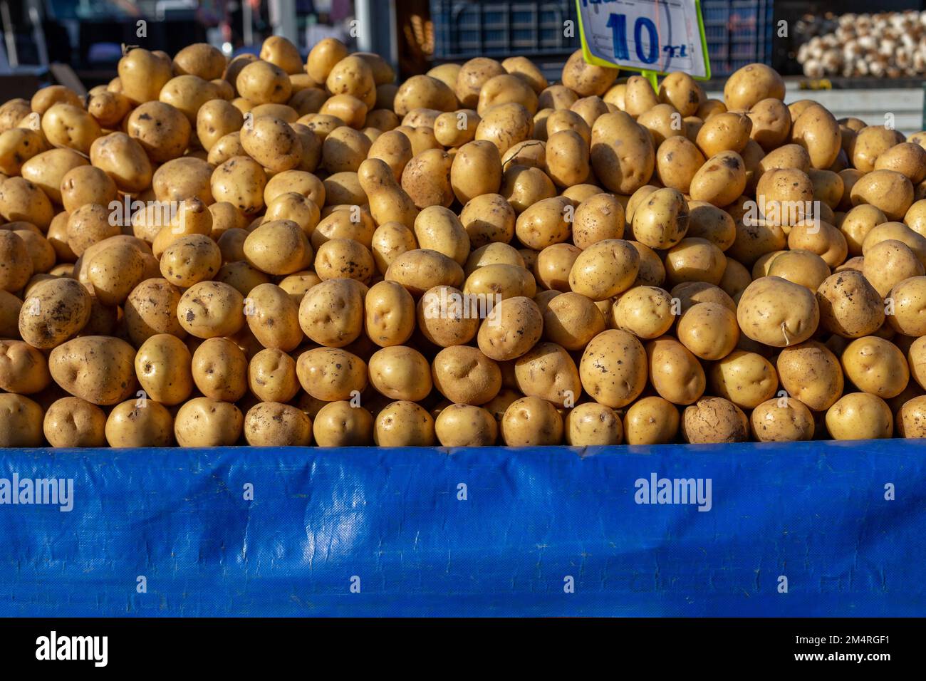 Potatoes sold in the public market in Turkey. French fries. Stock Photo