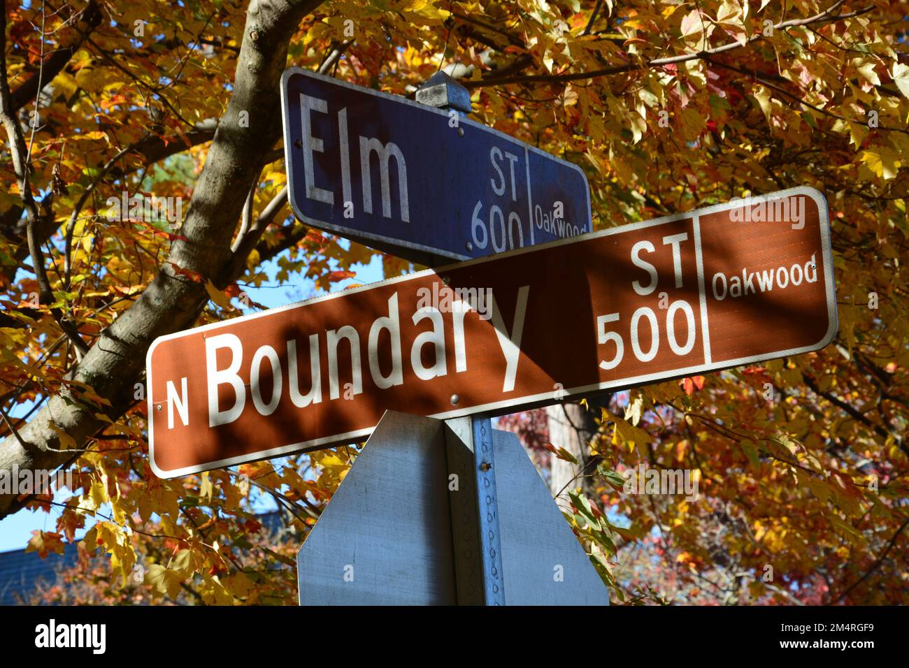 Close up of the Elm Street and Boundary Street road signs in Raleigh